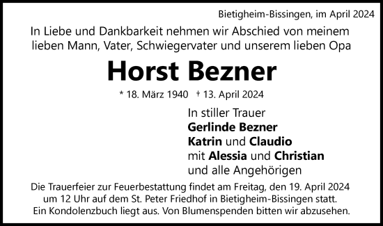 Traueranzeige von Horst Bezner von Bietigheimer Zeitung