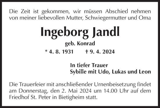 Traueranzeige von Ingeborg Jandl von Bietigheimer Zeitung