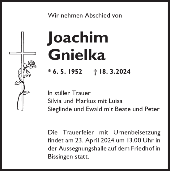 Traueranzeige von Joachim Gnielka von Bietigheimer Zeitung