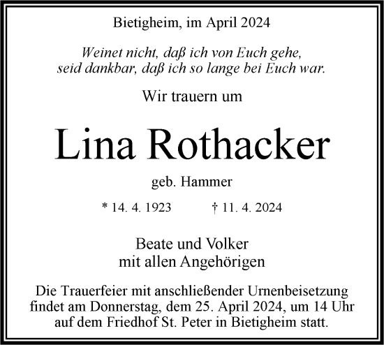 Traueranzeige von Lina Rothacker von Bietigheimer Zeitung