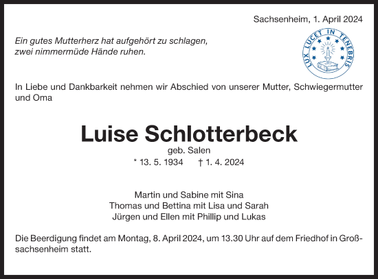 Traueranzeige von Luise Schlotterbeck von Bietigheimer Zeitung