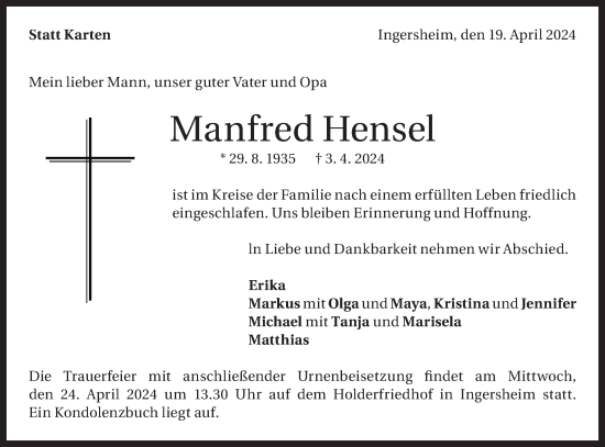 Traueranzeige von Manfred Hensel von Bietigheimer Zeitung