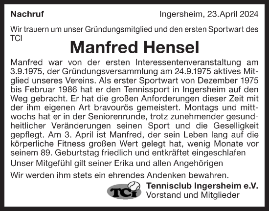 Traueranzeige von Manfred Hensel von Bietigheimer Zeitung