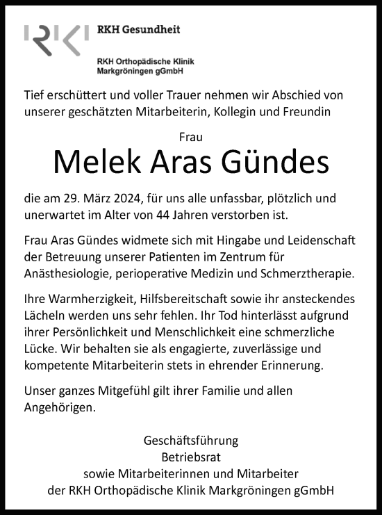Traueranzeige von Melek Aras Gündes von Bietigheimer Zeitung
