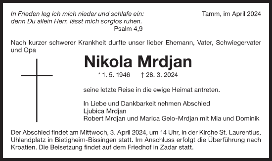 Traueranzeige von Nikola Mrdjan von Bietigheimer Zeitung