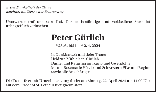 Traueranzeige von Peter Gürlich von Bietigheimer Zeitung