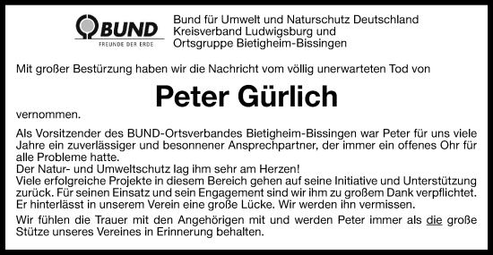 Traueranzeige von Peter Gürlich von Bietigheimer Zeitung