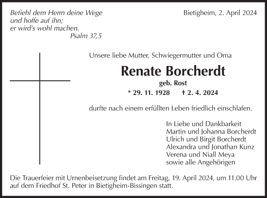 Traueranzeige von Renate Borcherdt von Bietigheimer Zeitung