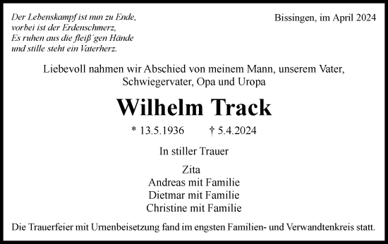 Traueranzeige von Wilhelm Track von Bietigheimer Zeitung