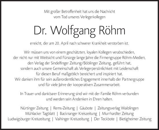 Traueranzeige von Wolfgang Röhm von Bietigheimer Zeitung