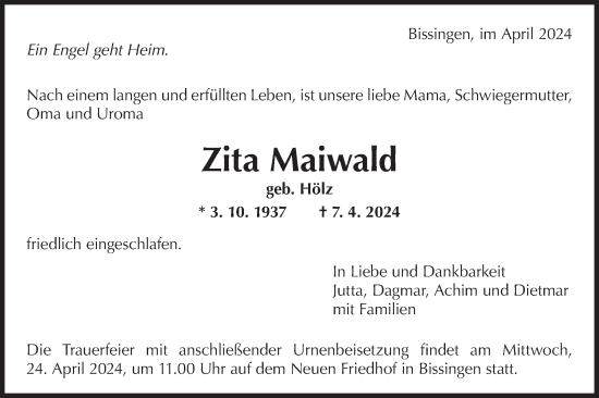 Traueranzeige von Zita Maiwald von Bietigheimer Zeitung