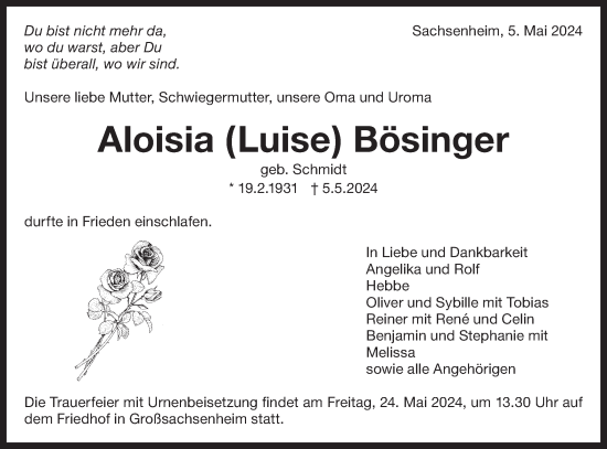 Traueranzeige von Aloisia Bösinger von Bietigheimer Zeitung