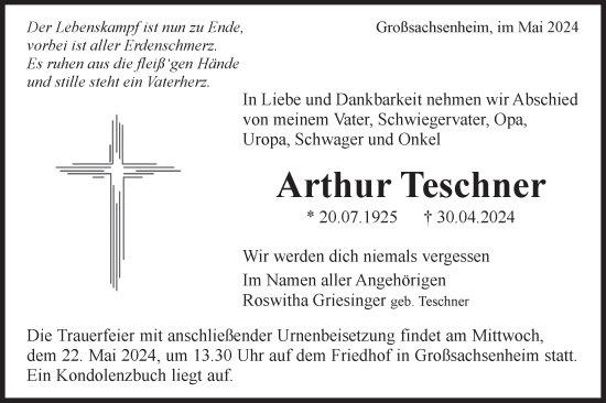 Traueranzeige von Arthur Teschner von Bietigheimer Zeitung