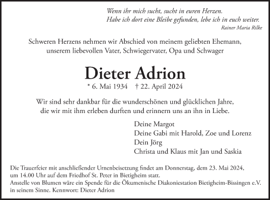 Traueranzeige von Dieter Adrion von Bietigheimer Zeitung