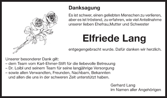 Traueranzeige von Elfriede Lang von Bietigheimer Zeitung