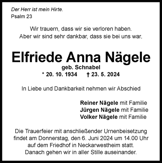 Traueranzeige von Elfriede Anna Nägele von Bietigheimer Zeitung