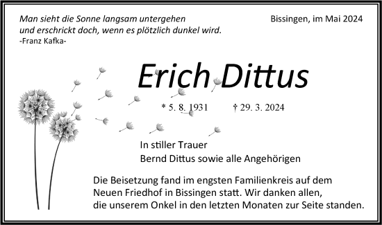 Traueranzeige von Erich Dittus von Bietigheimer Zeitung