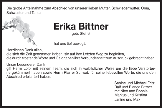 Traueranzeige von Erika Bittner von Bietigheimer Zeitung