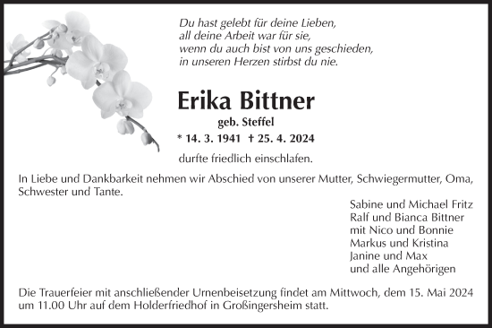 Traueranzeige von Erika Bittner von Bietigheimer Zeitung