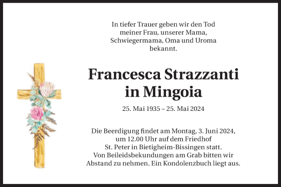 Traueranzeige von Francesca Strazzanti in Mingoia von Bietigheimer Zeitung