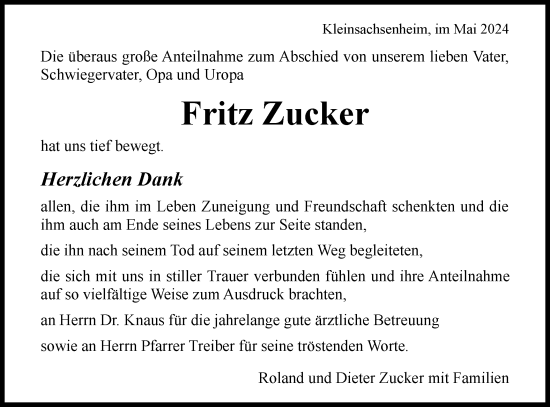 Traueranzeige von Fritz Zucker von Bietigheimer Zeitung