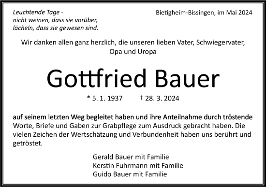 Traueranzeige von Gottfried Bauer von Bietigheimer Zeitung