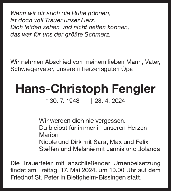 Traueranzeige von Hans-Christoph Fengler von Bietigheimer Zeitung