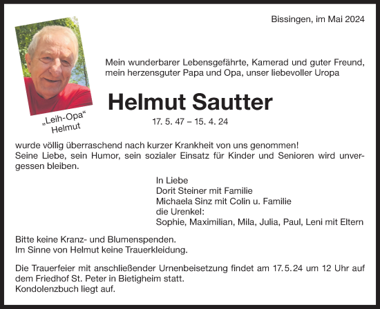 Traueranzeige von Helmut Sauter von Bietigheimer Zeitung