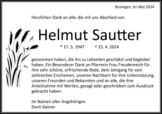 Traueranzeige von Helmut Sautter von Bietigheimer Zeitung