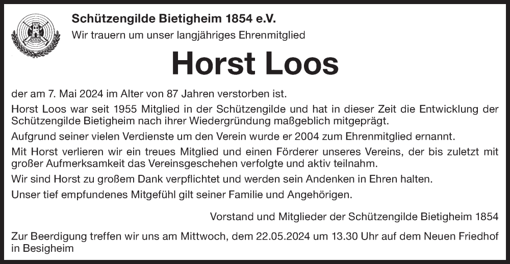  Traueranzeige für Horst Loos vom 16.05.2024 aus Bietigheimer Zeitung