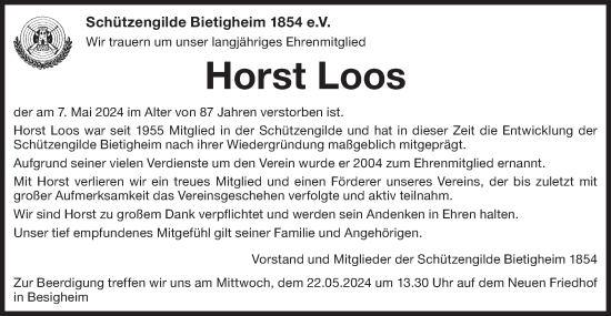 Traueranzeige von Horst Loos von Bietigheimer Zeitung