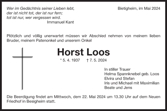 Traueranzeige von Horst Loos von Bietigheimer Zeitung