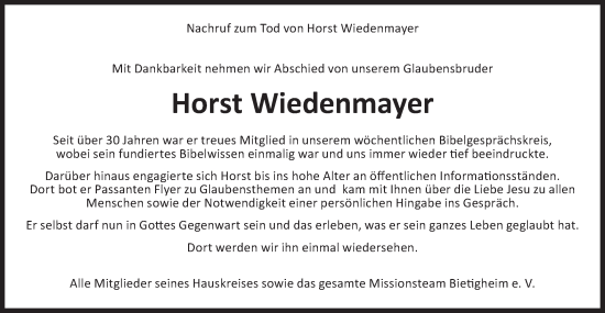 Traueranzeige von Horst Wiedenmayer von Bietigheimer Zeitung