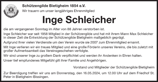 Traueranzeige von Inge Schleicher von Bietigheimer Zeitung