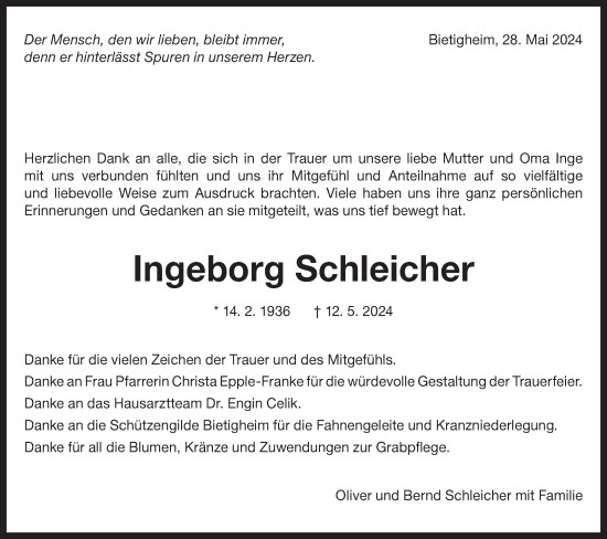 Traueranzeige von Ingeborg Schleicher von Bietigheimer Zeitung