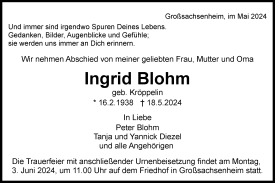 Traueranzeige von Ingrid Blohm von Bietigheimer Zeitung