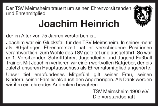 Traueranzeige von Joachim Heinrich von Bietigheimer Zeitung