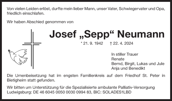 Traueranzeige von Josef  Neumann von Bietigheimer Zeitung