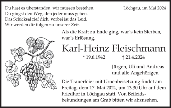 Traueranzeige von Karl-Heinz Fleischmann von Bietigheimer Zeitung