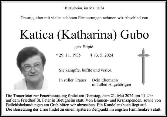 Traueranzeige von Katica Gubo von Bietigheimer Zeitung