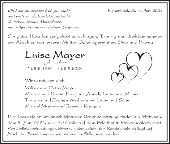 Traueranzeige von Luise Mayer von Bietigheimer Zeitung