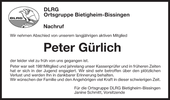 Traueranzeige von Peter Gürlich von Bietigheimer Zeitung