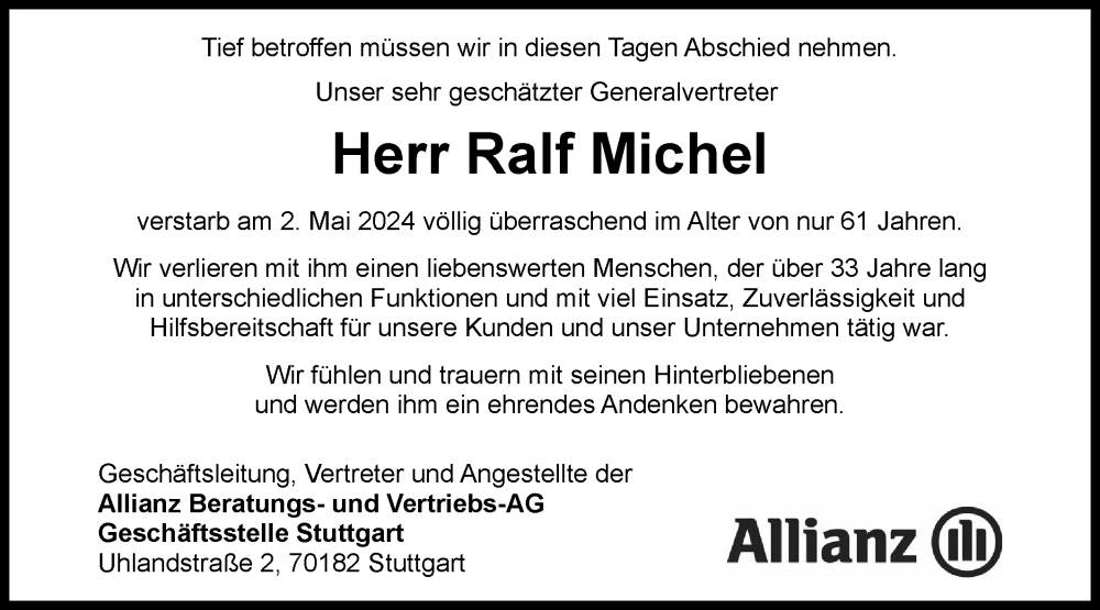  Traueranzeige für Ralf Michel vom 08.05.2024 aus Bietigheimer Zeitung