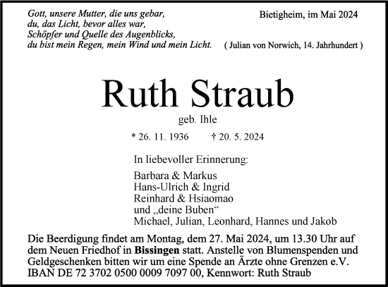 Traueranzeige von Ruth Straub von Bietigheimer Zeitung