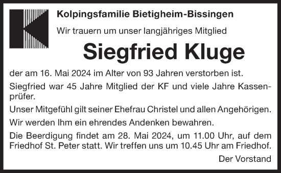 Traueranzeige von Siegfried Kluge von Bietigheimer Zeitung