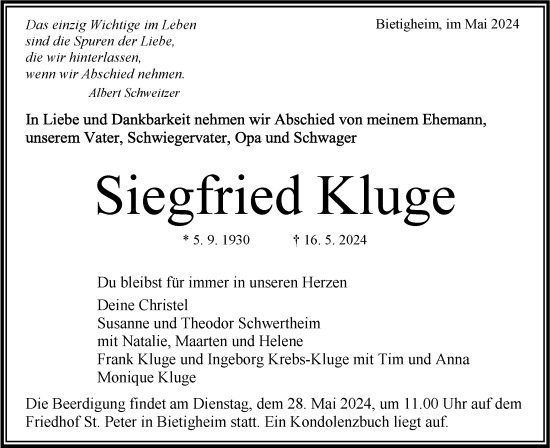 Traueranzeige von Siegfried Kluge von Bietigheimer Zeitung