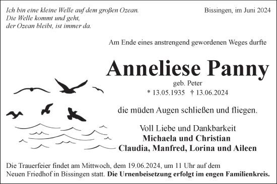 Traueranzeige von Anneliese Panny von Bietigheimer Zeitung