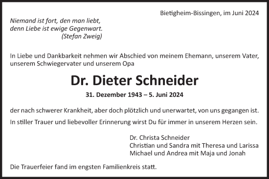 Traueranzeige von Dieter Schneider von Bietigheimer Zeitung