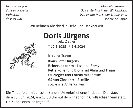 Traueranzeige von Doris Jürgens von Bietigheimer Zeitung