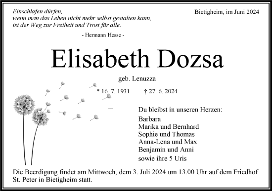 Traueranzeige von Elisabeth Dozsa von Bietigheimer Zeitung